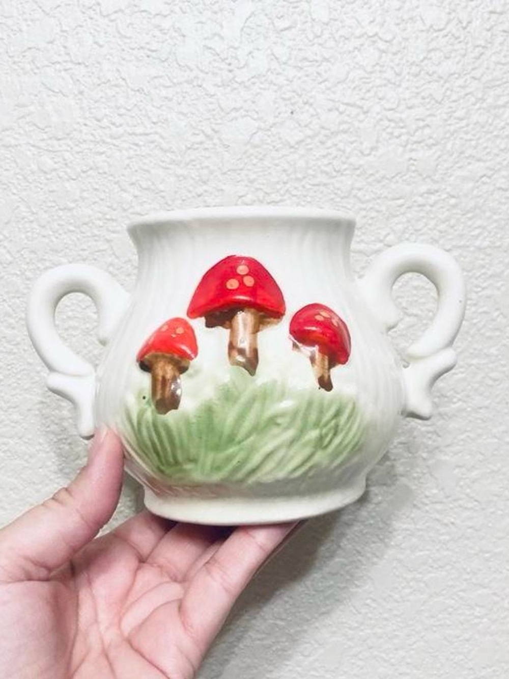Vintage Ceramic Red Mushrooms Vase Planter Dish Cottagecore Retro Boho
